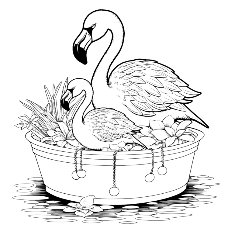 Coloring picture mother and baby flamingo