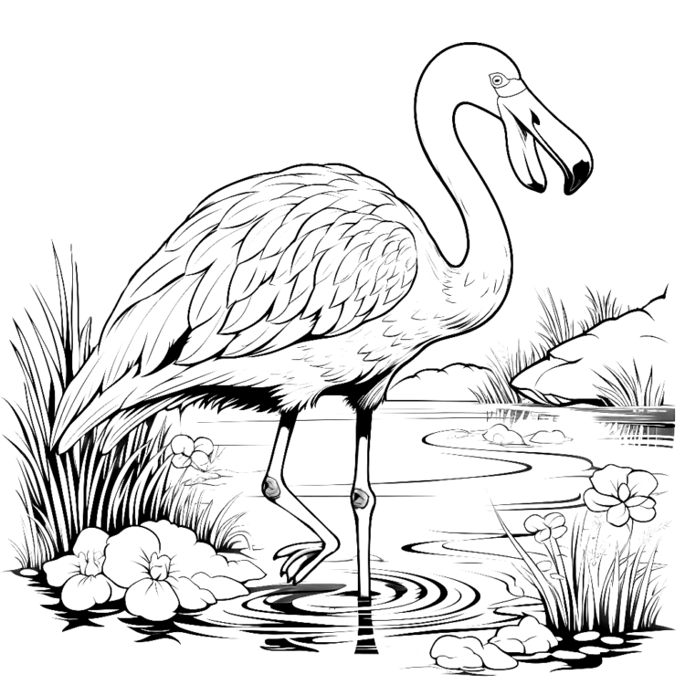 Coloring picture nature and flamingo