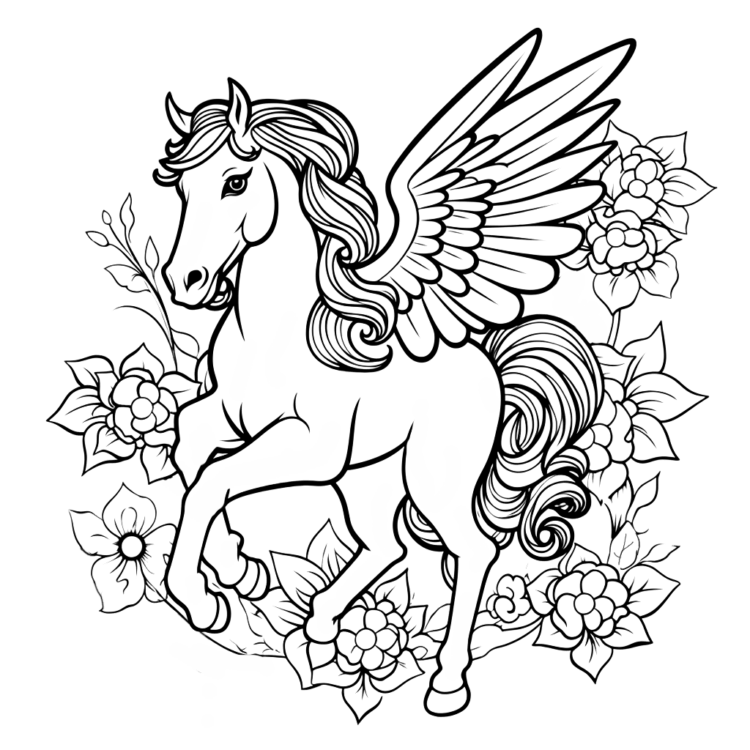 Ausmalbild Pegasus und Blumen