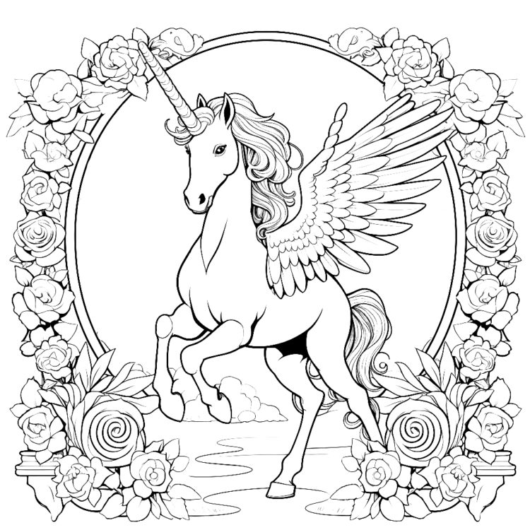 Ausmalbild Pegasus und Blumenbogen