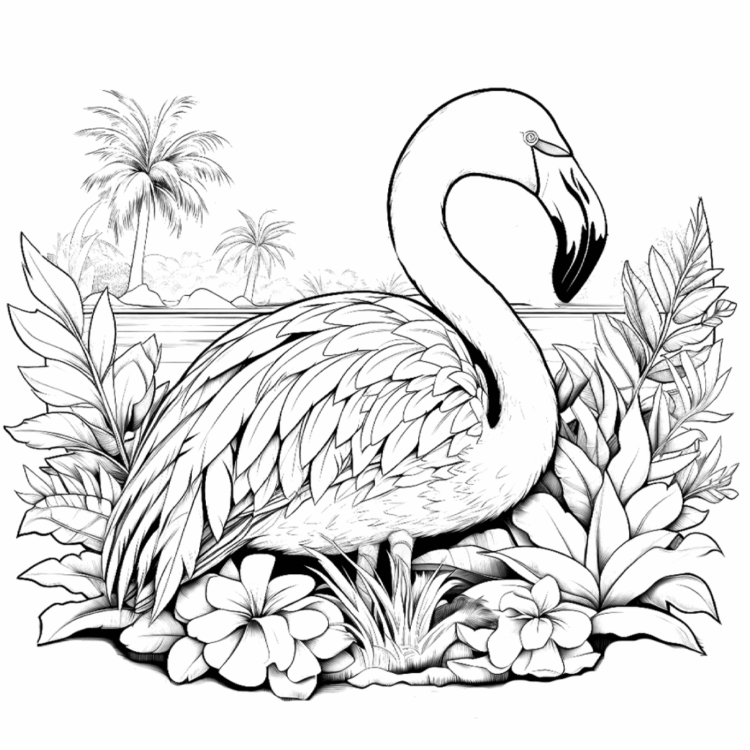 Dibujo para colorear plantas y flamenco