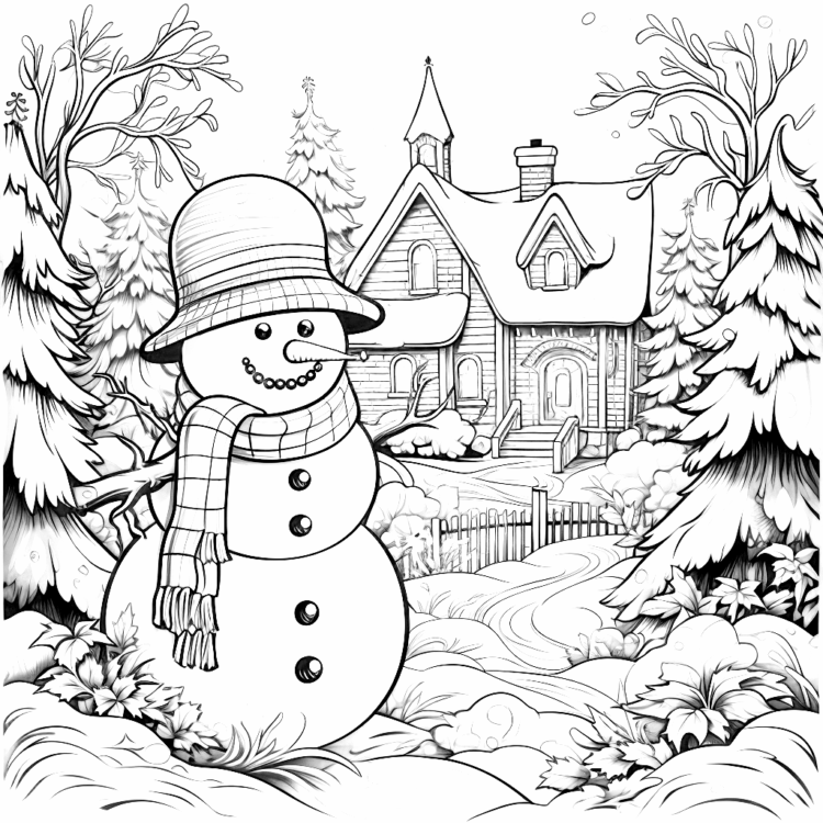 Coloring picture snowman in snow house