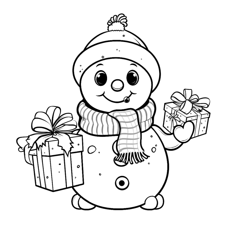 Dibujo para colorear muñeco de nieve con regalos