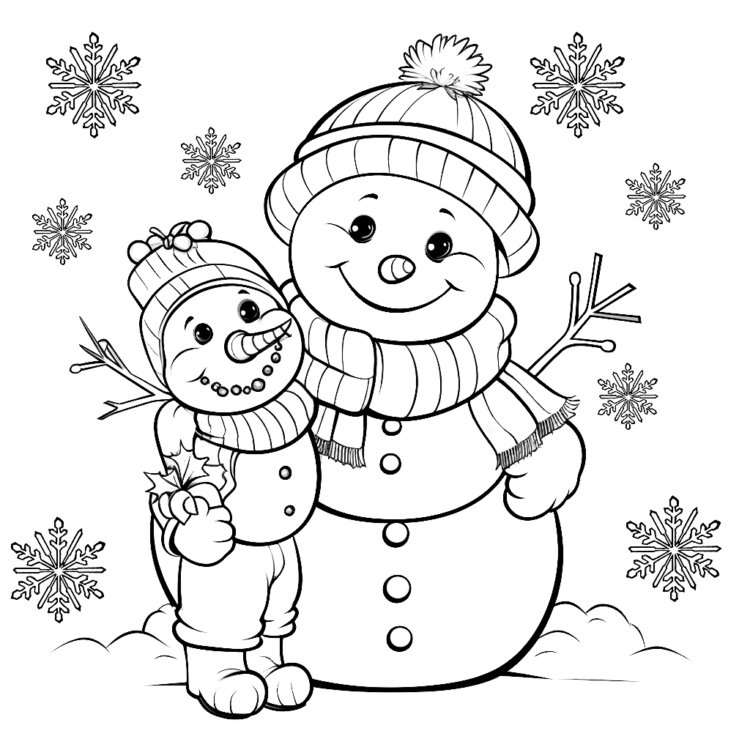 Coloring picture snowman with snow-covered trees