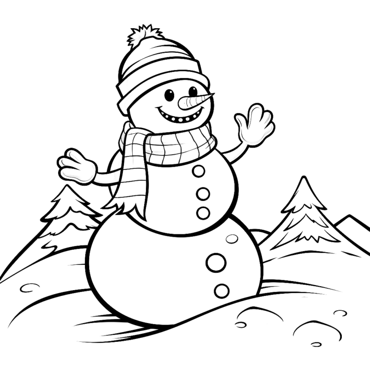 Ausmalbild Schneemann mit winkender Hand