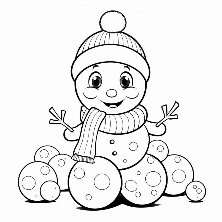 Dibujo para colorear muñeco de nieve y bolas de nieve