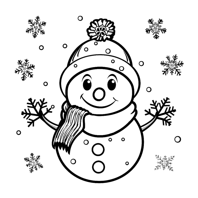 Ausmalbild Schneemann und Schneeflocken