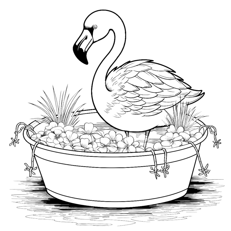 Ausmalbild Schöne Blumen und Flamingo