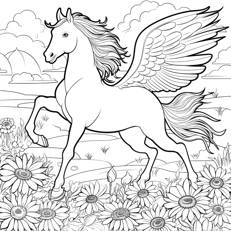 Ausmalbild Sonnenblume und Pegasus
