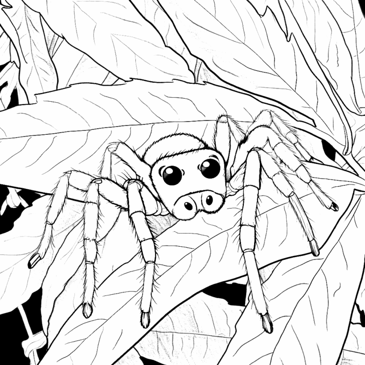 Dibujo para colorear araña sobre hojas