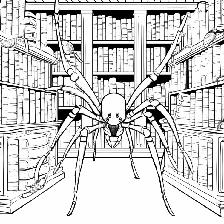 Dibujo para colorear araña en una biblioteca