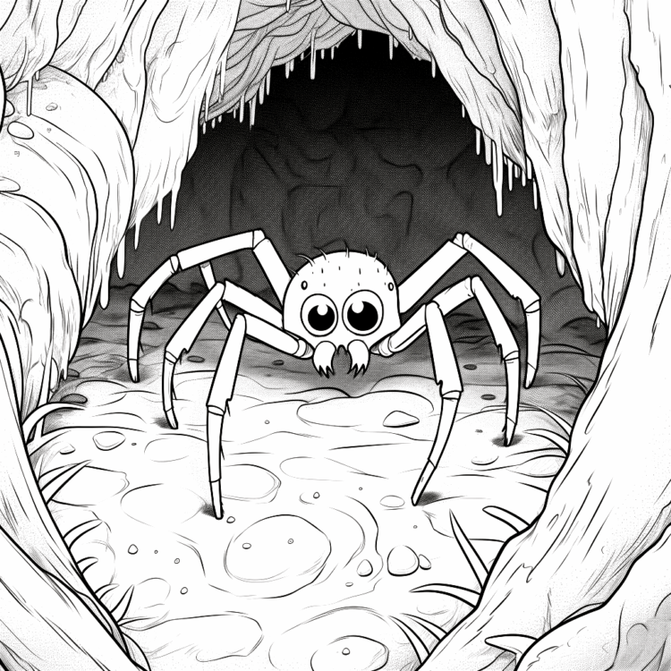 Coloring picture spider on a cave