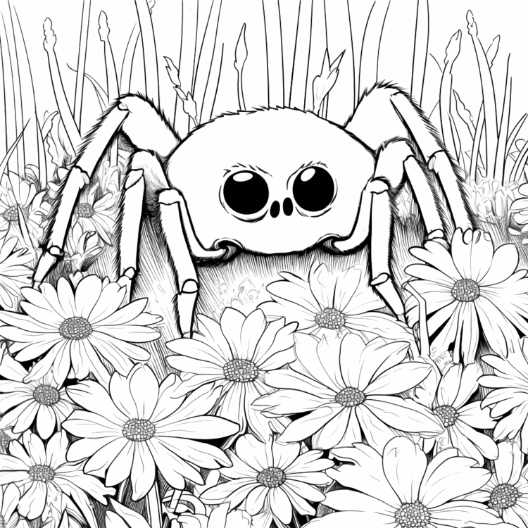 Ausmalbild Spinne in Blumen