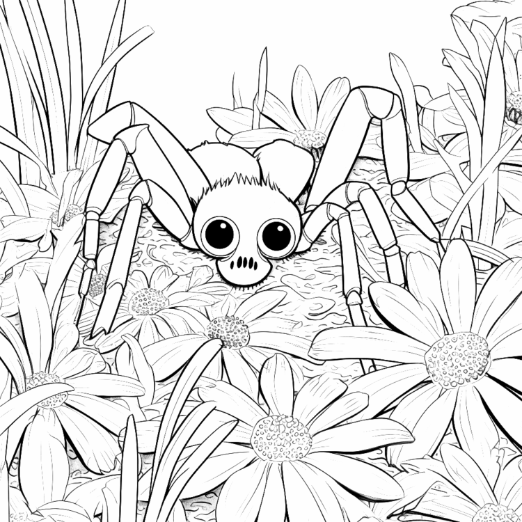 Dibujo para colorear araña y flores