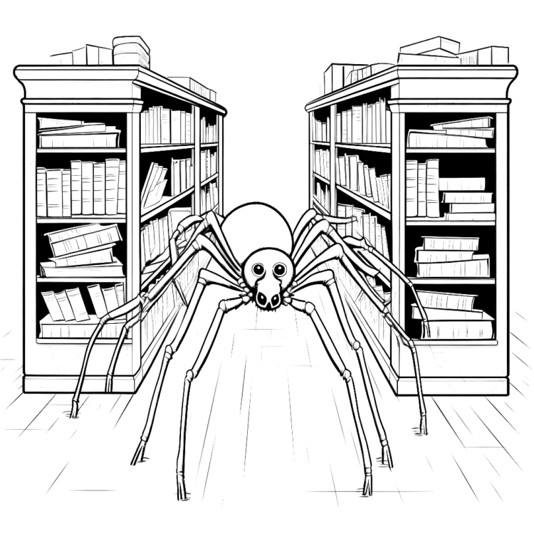 Ausmalbild Spinne und Bücher