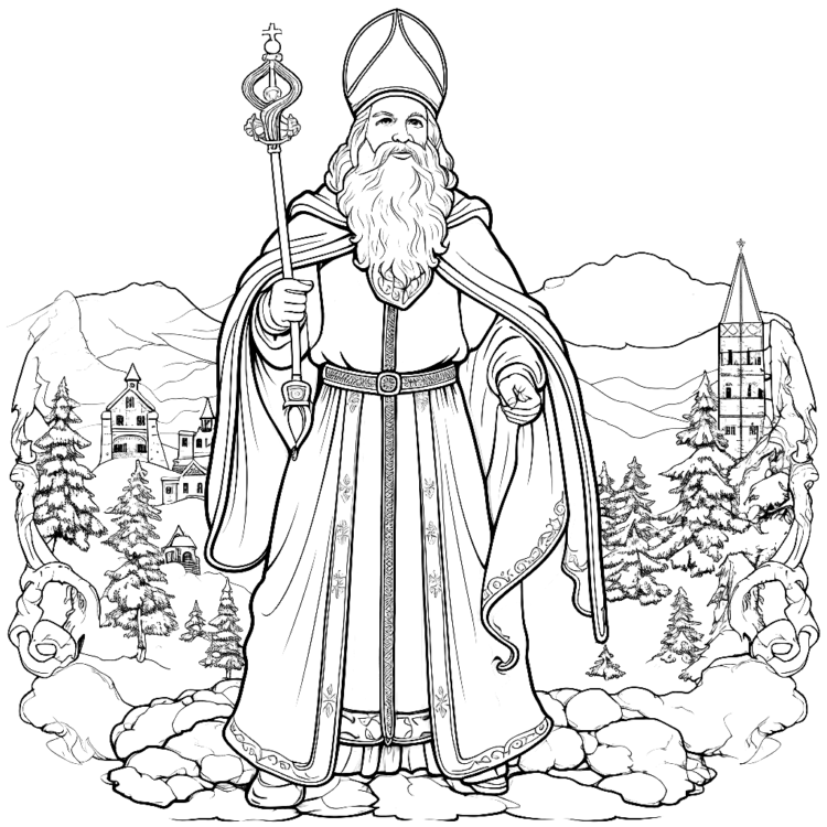Coloring picture St. Nicholas and snowy nature