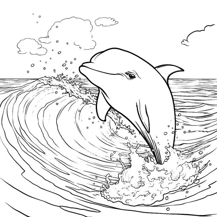 Ausmalbild Wellen und Delphin