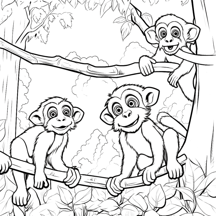 Monkeys in the jungle coloring page