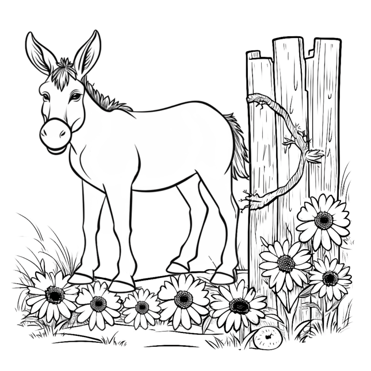 Dibujo para colorear flores y burro