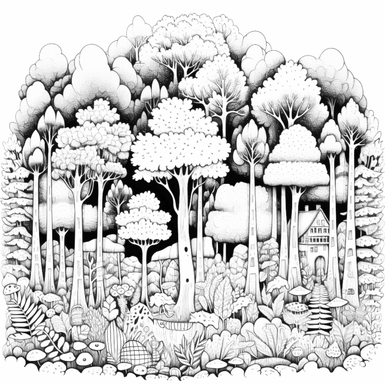 Dibujo para colorear densa selva tropical
