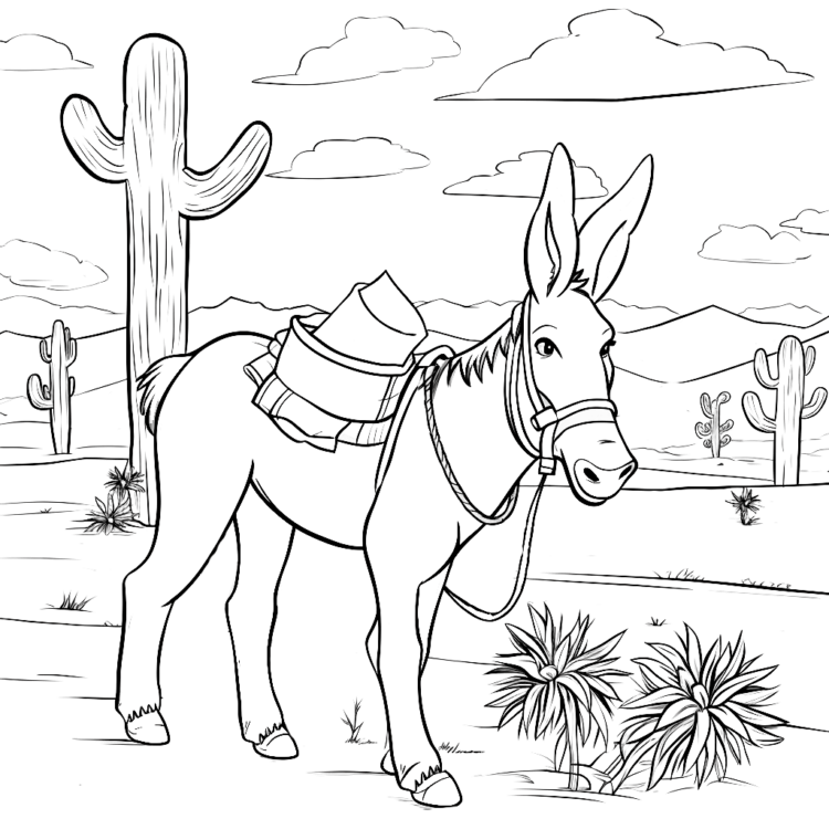 Dibujo para colorear burro y cactus