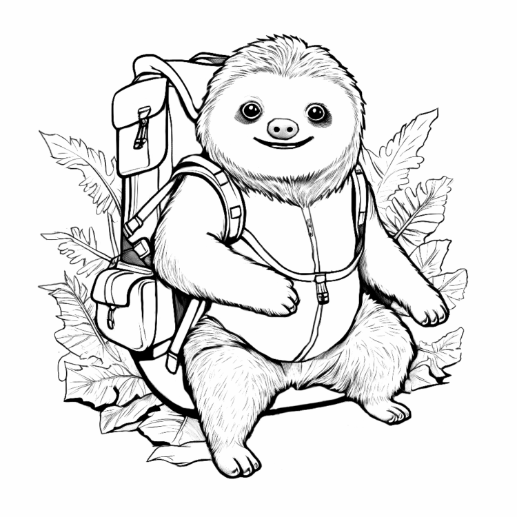 Coloring picture sloth in a backpack