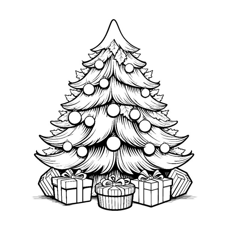 Ausmalbild Geschenke und Tannenbaum