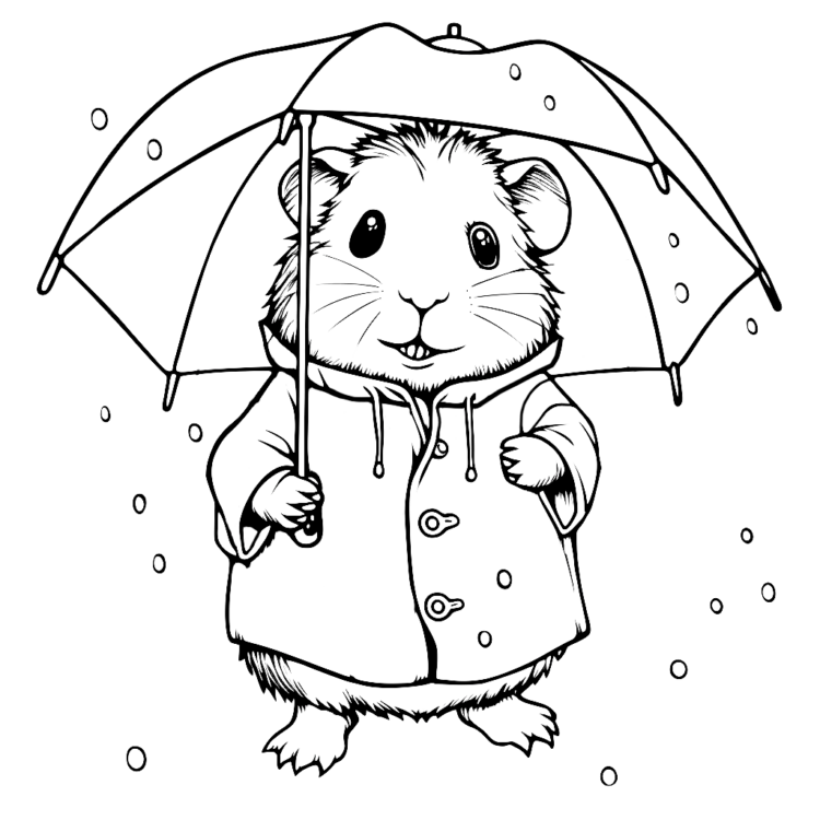 Ausmalbild Meerschweinchen mit Regenschirm
