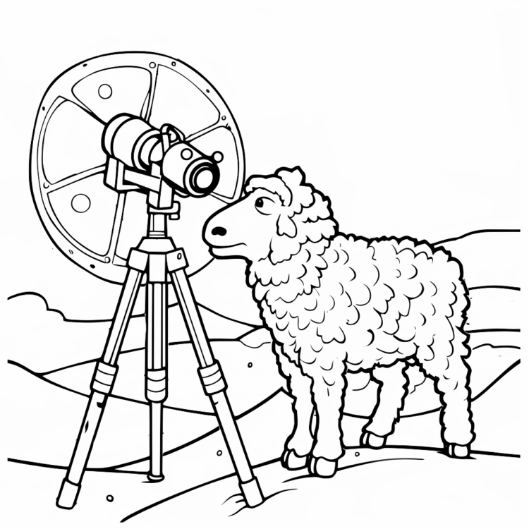Ausmalbild Schaf und Teleskop