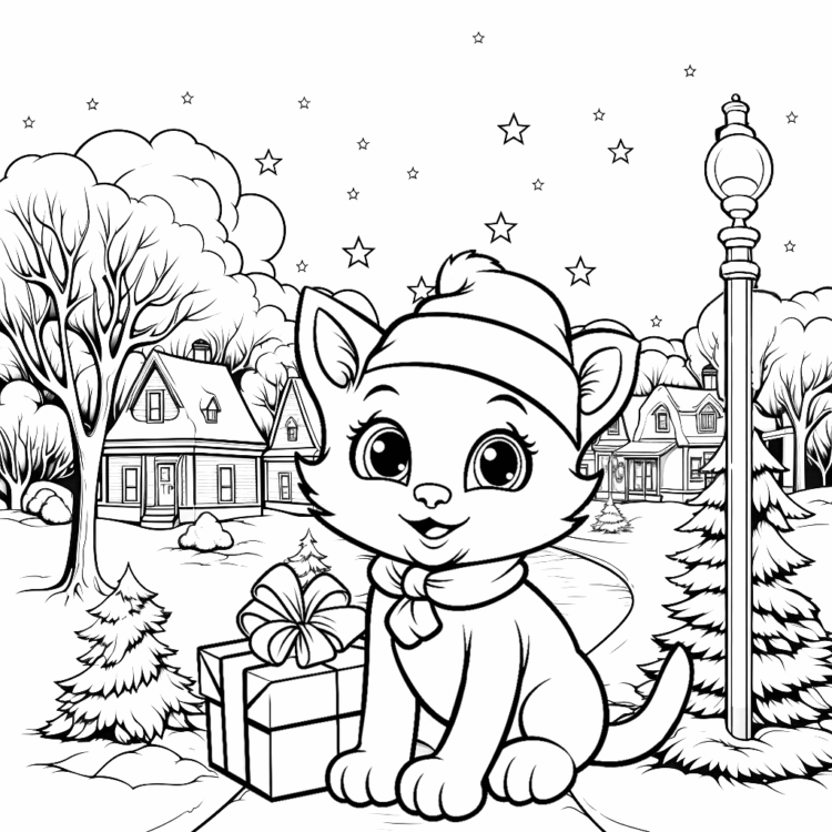 Página para colorear de Navidad del gato