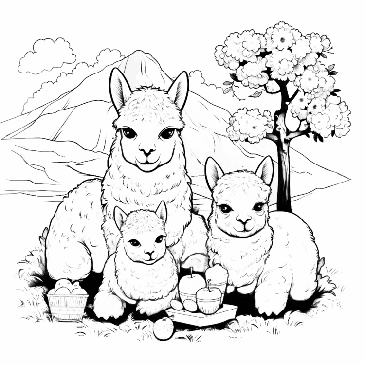 Ausmalbild Alpaka Familie