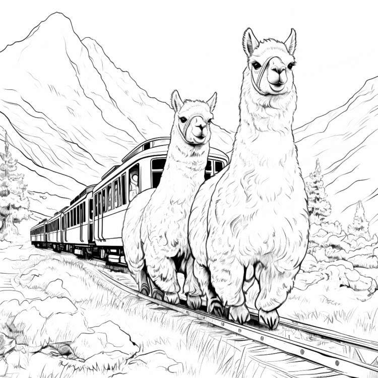 Dibujo para colorear alpaca en un tren