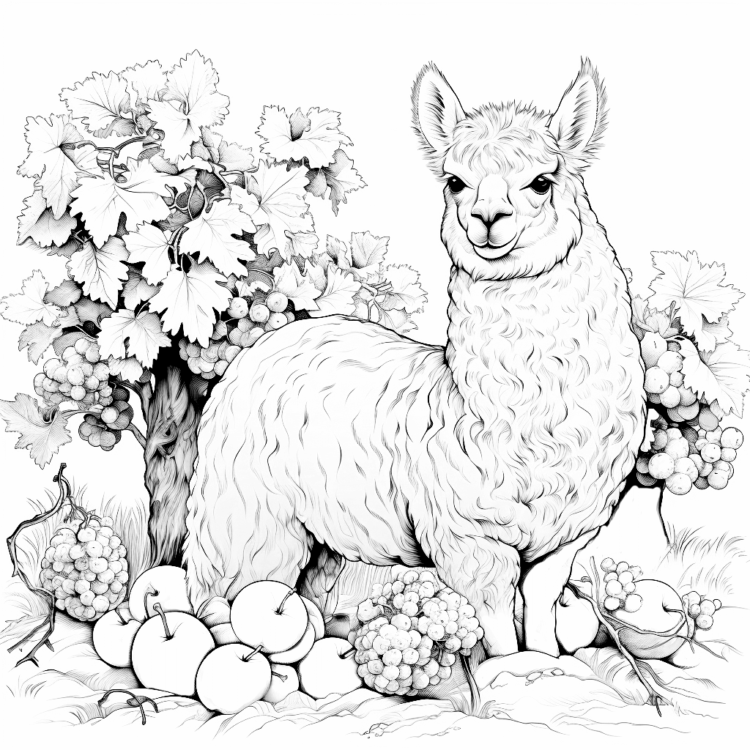 Dibujo para colorear alpaca y árboles