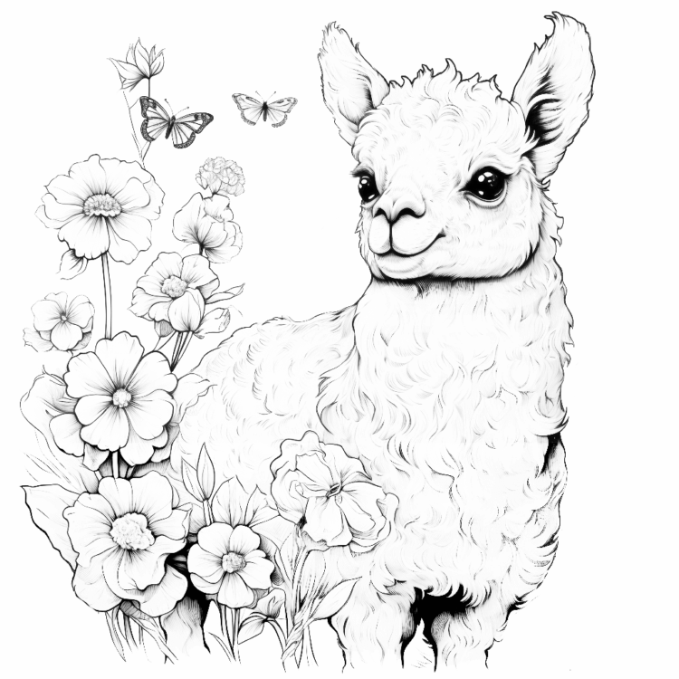 Dibujo para colorear alpaca y flores