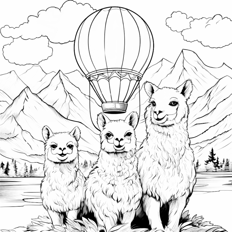 Dibujo para colorear alpaca y globo aerostático