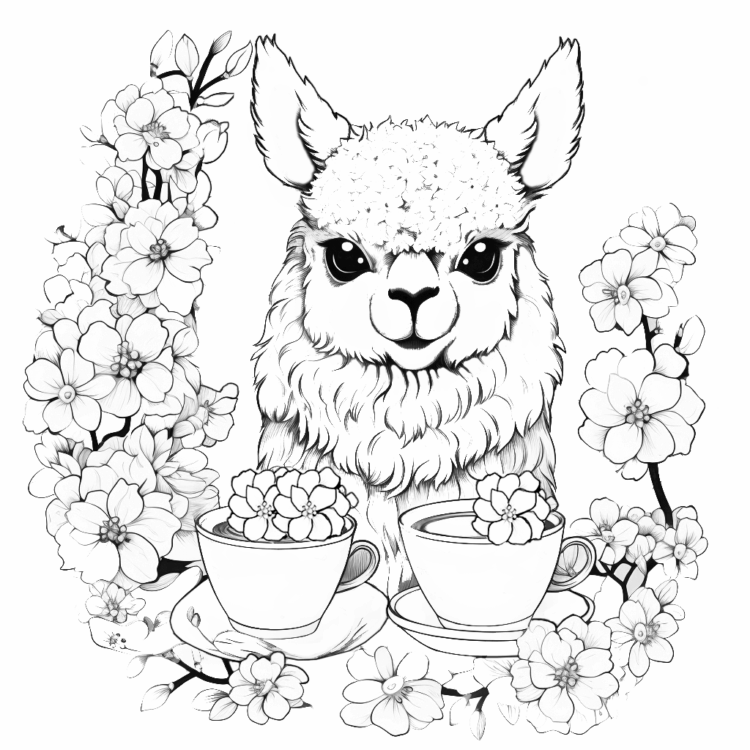 Dibujo para colorear alpaca y té