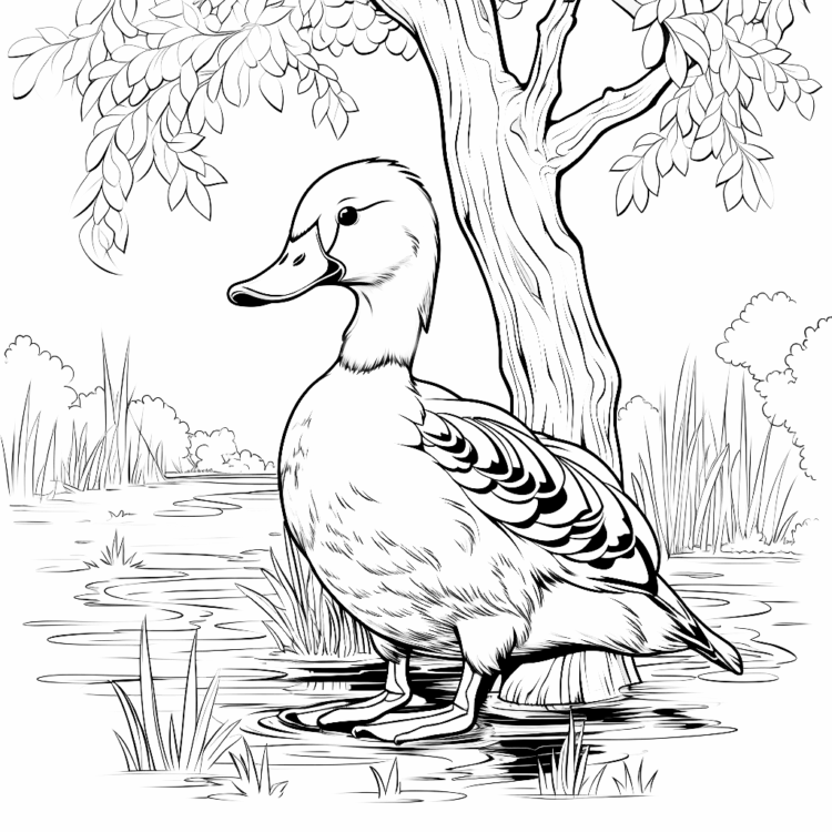 Coloring picture duck and tree