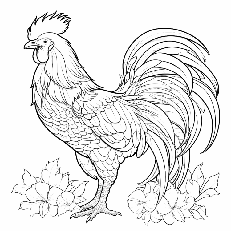 Dibujo para colorear gallo y flores