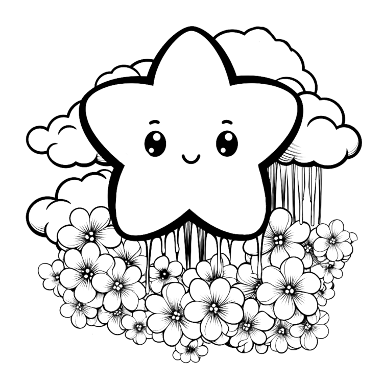 Dibujo para colorear estrella y flores