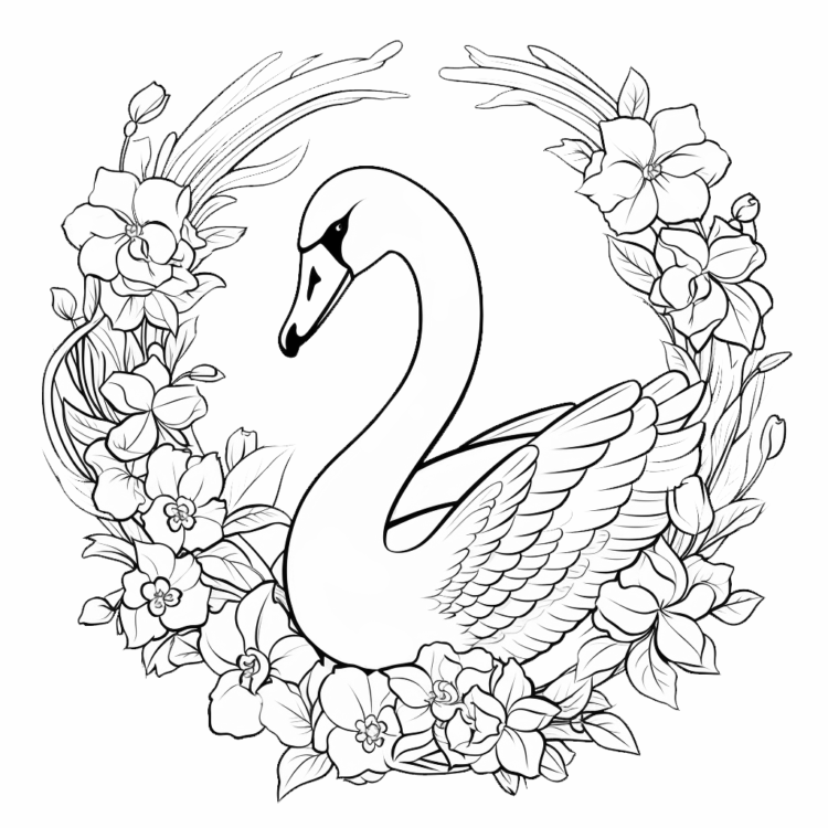 Dibujo para colorear flores y cisne