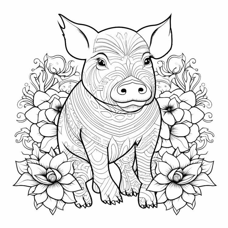 Dibujo para colorear flores y cerdo