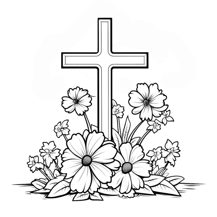 Ausmalbild Kreuz und Blumen
