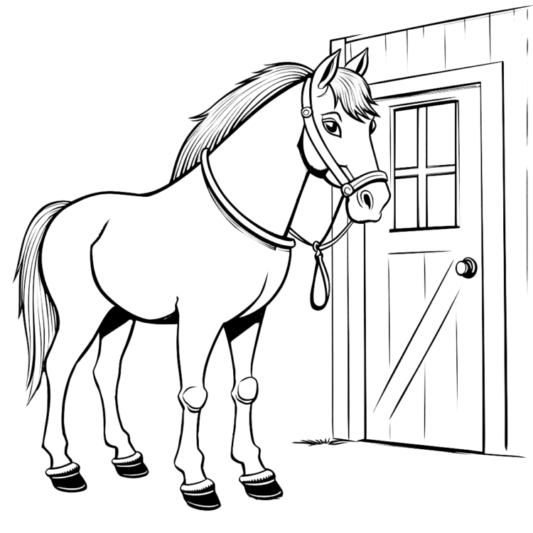 Dibujo para colorear establo y caballo