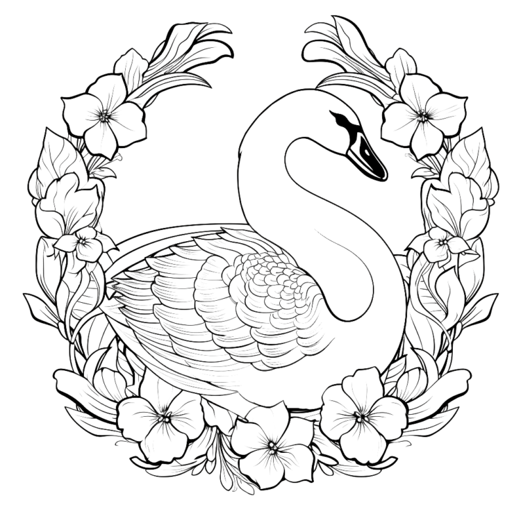 Dibujo para colorear de cisne y flor