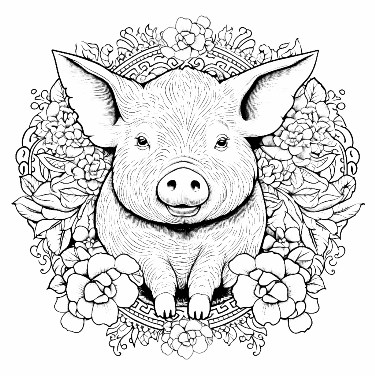 Dibujo para colorear cerdo y flores