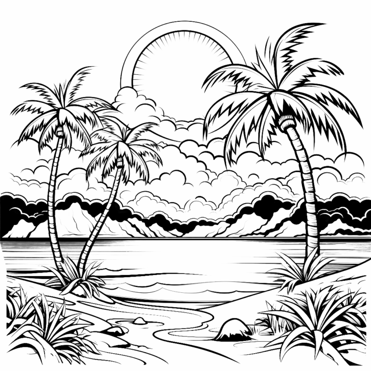 Dibujo para colorear paisajes al atardecer