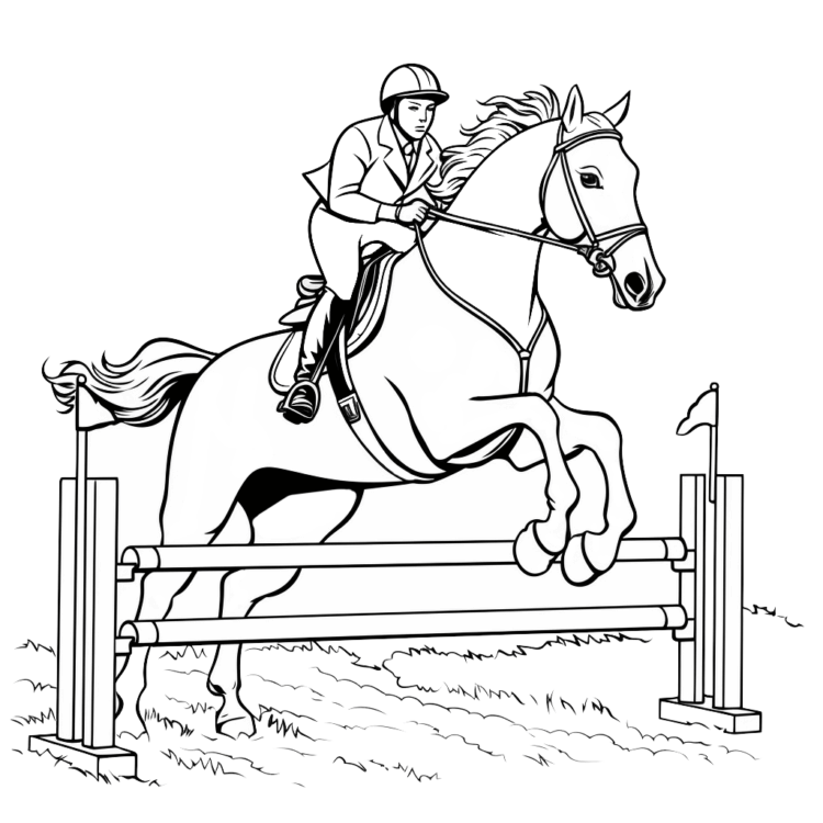 Dibujo para colorear de un caballo que salta en un picadero