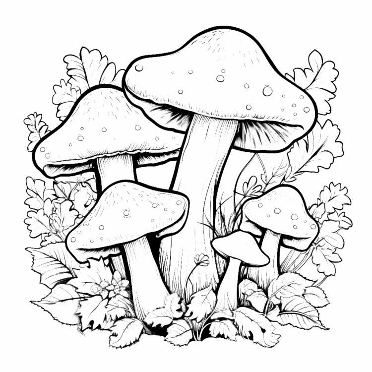 Ausmalbild Woodland Pilze