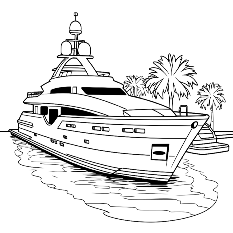 Ausmalbild Yacht und Palmen