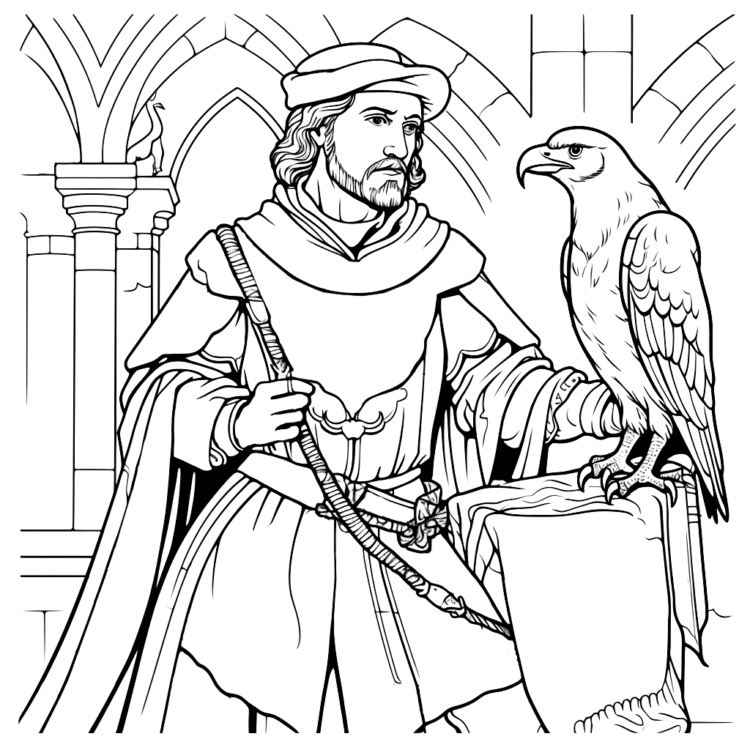Medieval falcon guard coloring page